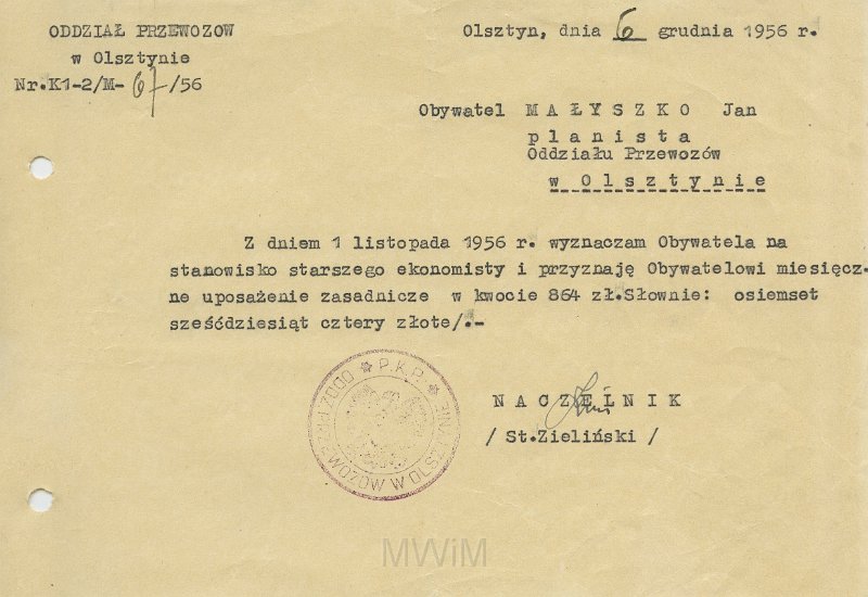 KKE 5632.jpg - Dok. Pismo z Oddziału Przewozów w Olsztynie dla Jana Małyszko dotyczące awansu zawodowego, Olsztyn, 6 XII 1956 r.